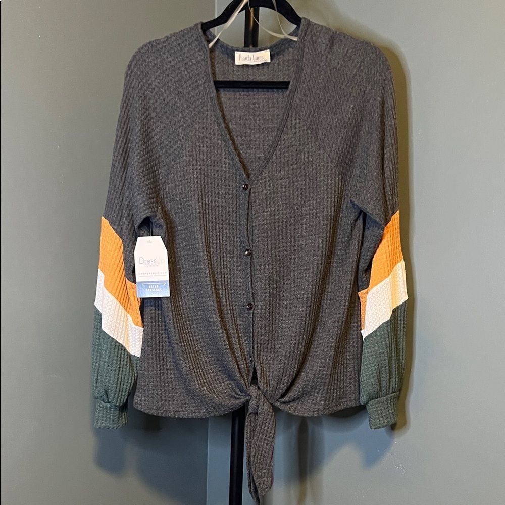 Peach Love California Charcoal Button Down with Color Block Sleeves